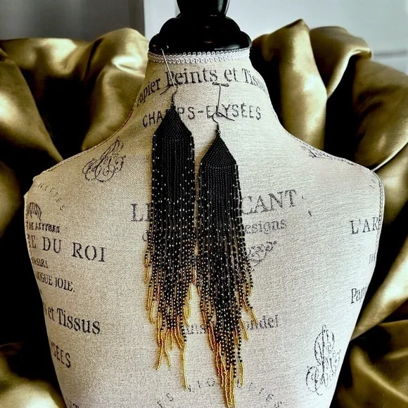 Dramatic Black and Gold Hand Beaded Cascade Earrings - Picture 4 of 16